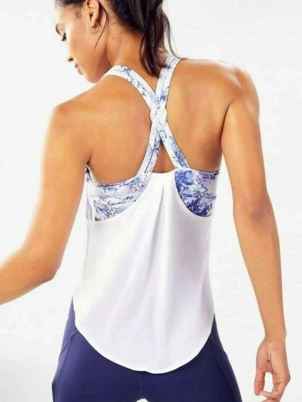 Fabletics White Tank with Blue Floral Cross-Back Detail. 20